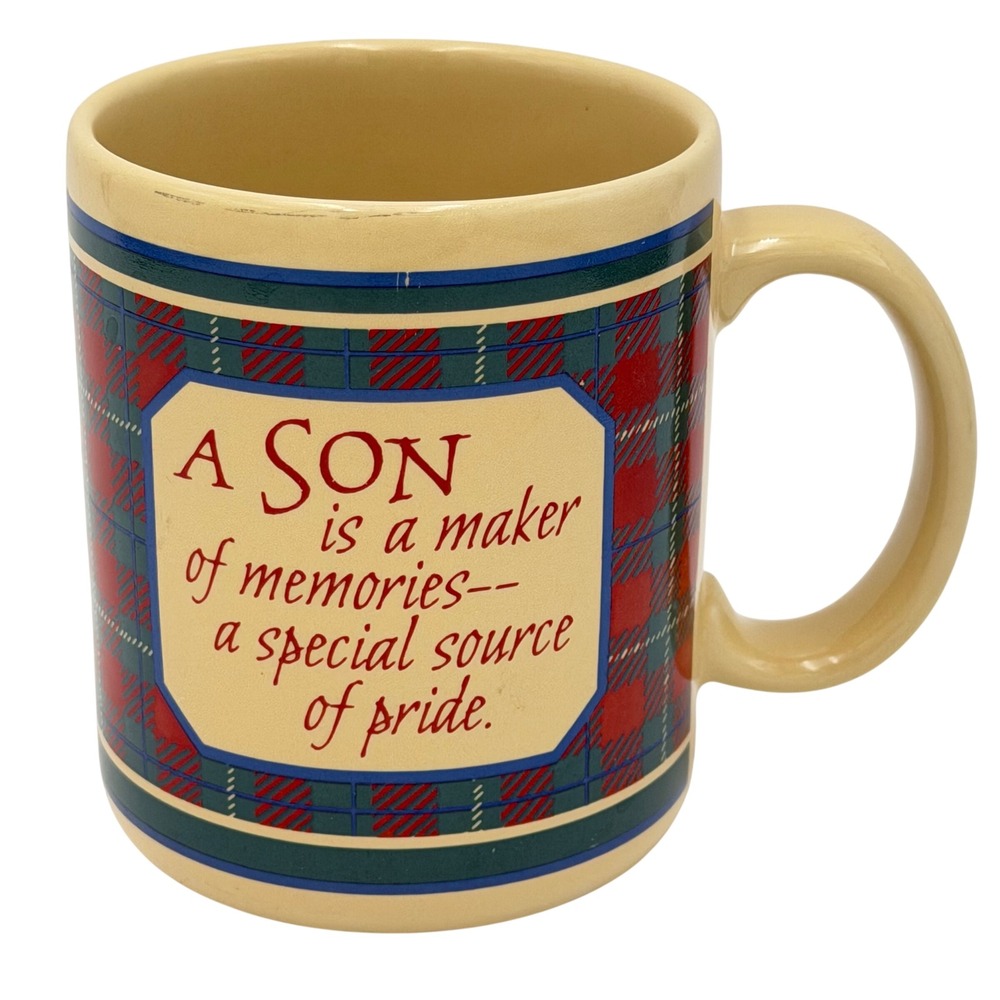 Vtg 1987 Hallmark Son Plaid Ceramic Coffee Mug Made in Japan Tartan Tea‎ Cup